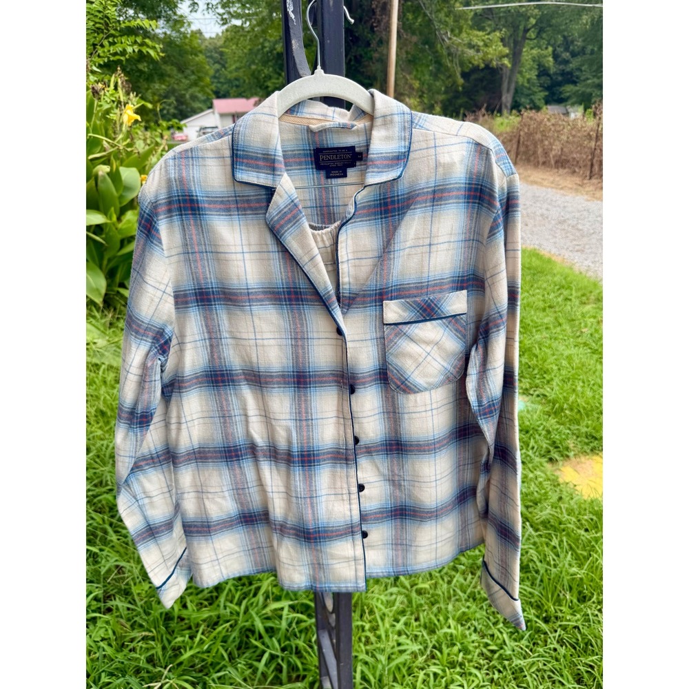 Pendleton Womens Plaid Flannel Pajama Set Blue Cream Cotton Top Shorts Size M